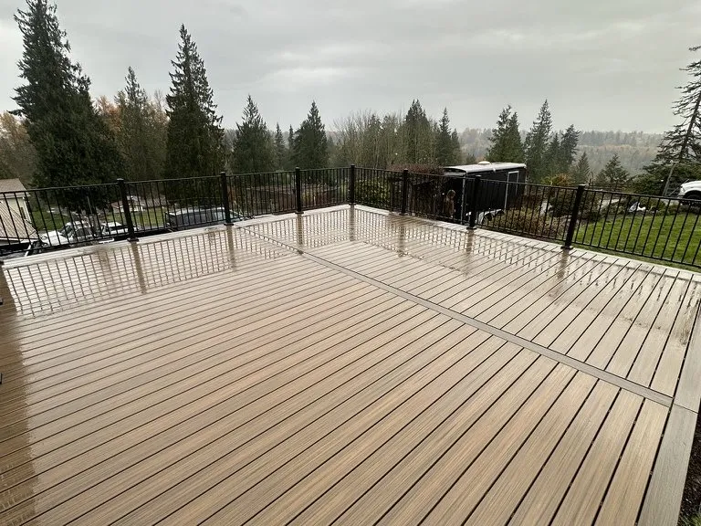 A finished deck with black metal railing looking out over the treetops