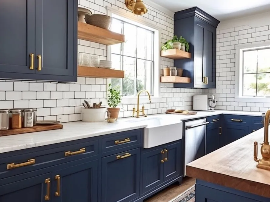 A kitchen with navy cabinets, white subway tile, a farmhouse sink and open timber shelves