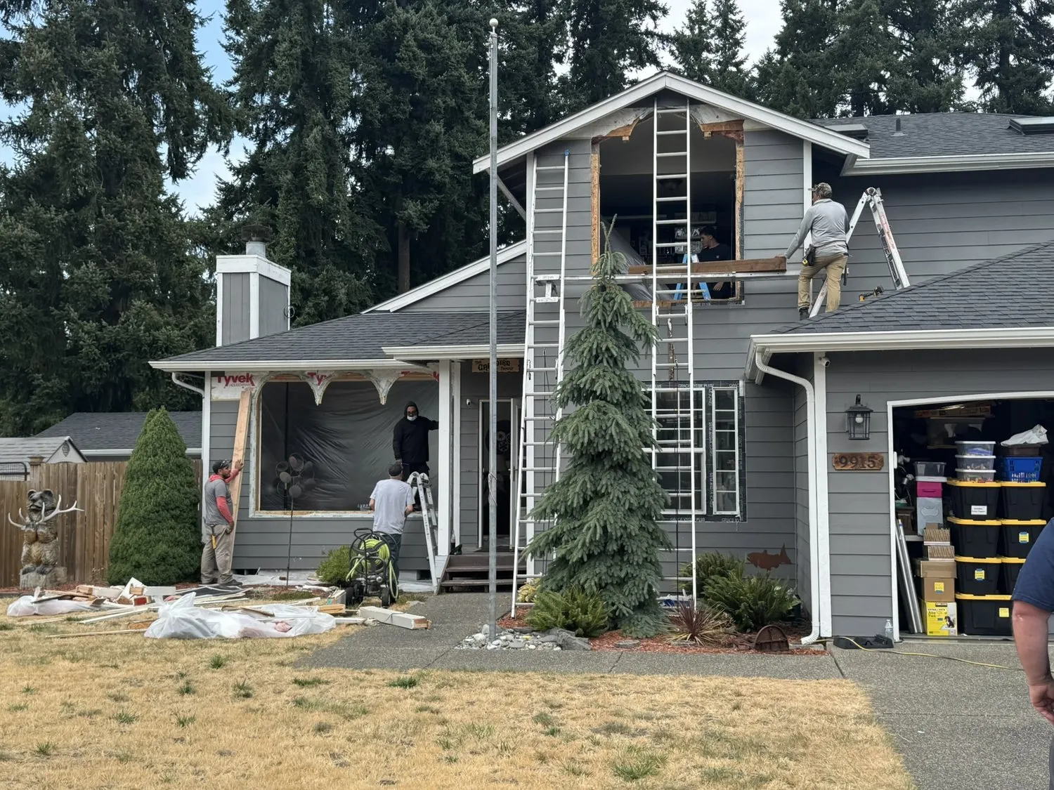 A window replacement under way, with ladders against the front of the house